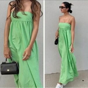 Zara Green Pink Stripe Spaghetti Strap Tie Back Maxi Dress